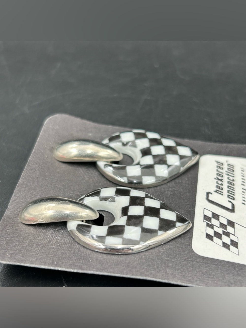90s Porcelain Checkered Connection Heart Earrings Black White Racing Post - Picture 2 of 5